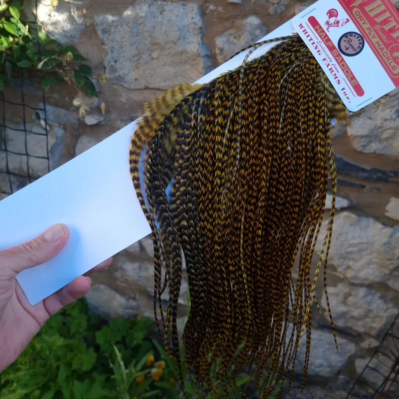 Whiting 1/2 BRONZE Grade Dry Fly Rooster Saddle in Grizzly Dyed Golden Olive-2